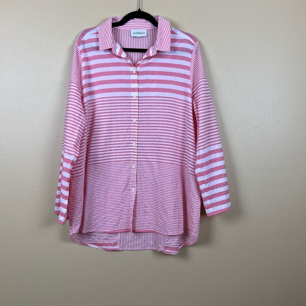 Peck & Peck Blouse Top Boyfriend Button Down Stripe Beach Shirt Long Sleeve Pink